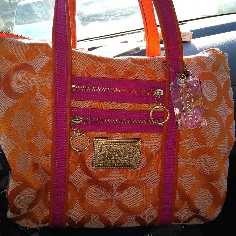 Bright and beautiful Coach orange & pink tote